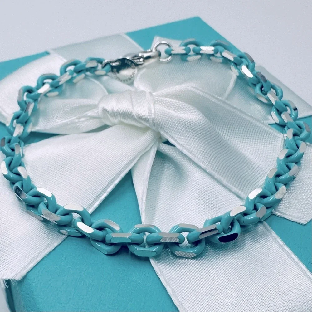 RARE Tiffany & Co. Blue Enamel Sparkle Chain Bracelet Sterling Silver with Case